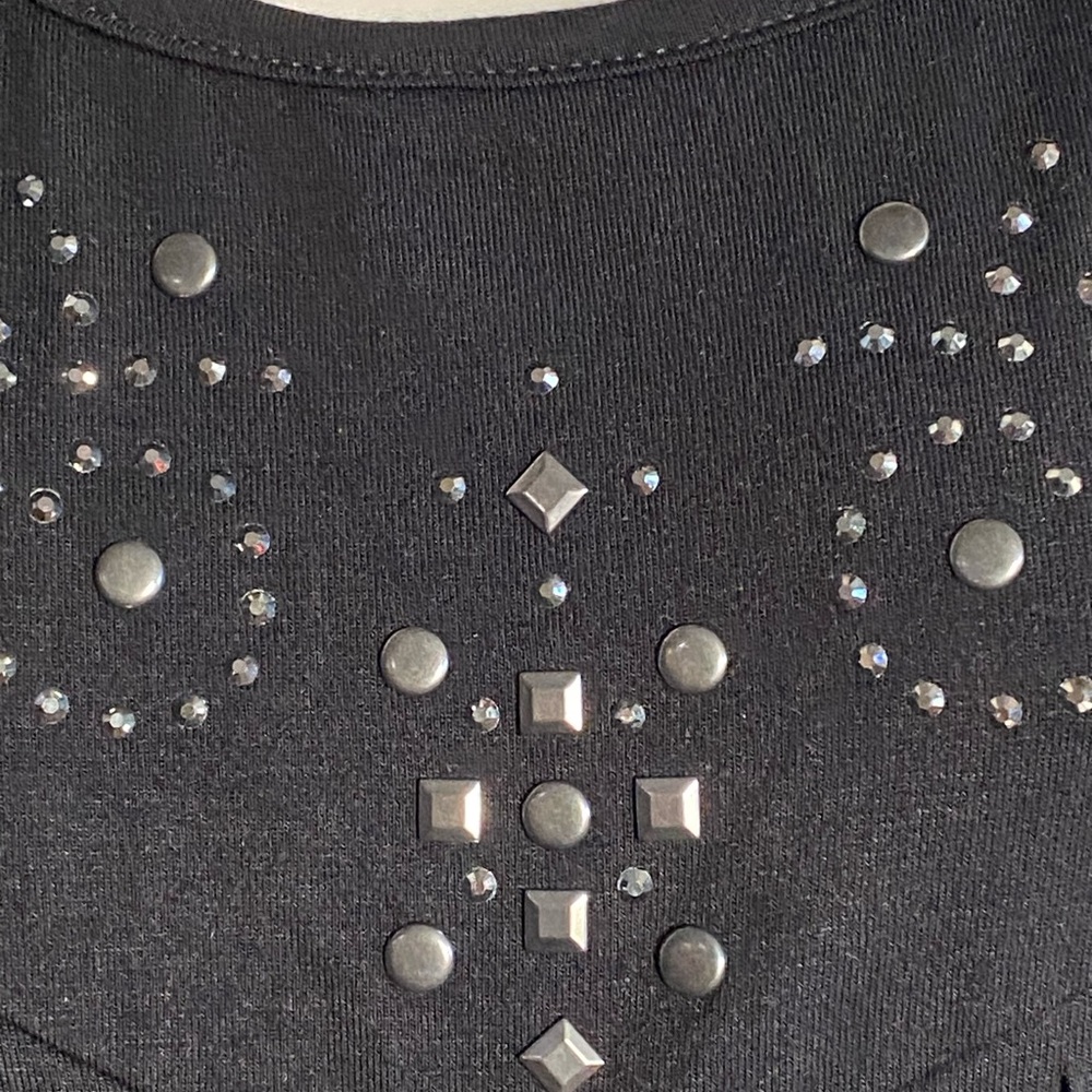 Vocal Deep Black Sleeveless Top, Fringe Front, Round Neckline with Stud Detail - Picture 4 of 11
